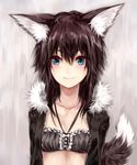  absurdres animal_ears black_hair blue_eyes breasts closed_mouth collarbone commentary_request eyebrows eyebrows_visible_through_hair fox_ears fox_tail fur_trim hair_between_eyes highres looking_at_viewer original small_breasts smile solo sukemyon tail upper_body 