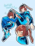  1boy aged_down axe ba_kuretuman black_blood black_eyes bleeding blood blue_background blue_gakuran blue_theme blush_stickers brown_hair commentary_request dream_luther gakuran glasses holding holding_axe looking_at_viewer luther_von_ivory male_focus multiple_views randal&#039;s_friends round_eyewear school_uniform short_hair simple_background stab translation_request 