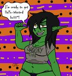  belly black_hair clothed clothing crop_top dialogue digital_drawing_(artwork) digital_media_(artwork) drinking_mention english_text fairy fan_character fantasy female ginae goblin green_skin hair halloween holidays humanoid humor invalid_background looking_off_screen mammal mythical navel not_furry open_mouth overweight panties partying pointy_ears pun shirt silly simple_background slightly_chubby smile solo squishy teeth text thong underwear wide_hips yellow_eyes 