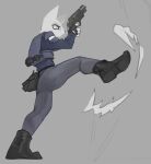 2024 4chan_anon anthro belt big_eyes black_belt black_boots black_clothing black_footwear blue_clothing blue_shirt blue_topwear blue_vest boots bottomwear bulletproof_vest butt claws clothed clothing digital_media_(artwork) domestic_cat electronics eloisa eye_bags eyelashes felid feline felis female finger_claws fingers footwear full-length_portrait fully_clothed fur grey_background grey_bottomwear grey_clothing grey_pants gun handgun hi_res holding_gun holding_handgun holding_object holding_ranged_weapon holding_revolver holding_weapon kick mammal pants pointy_ears police police_officer portrait prick_ears pupils radio ranged_weapon revolver shaded shirt shoes side_view simple_background slit_pupils snout soft_shading solo topwear vest weapon white_body white_fur wind