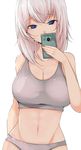  arm_behind_back blue_eyes breasts cellphone cleavage collarbone crop_top girls_und_panzer grey_panties groin han_(jackpot) holding holding_phone itsumi_erika large_breasts long_hair navel panties phone silver_hair simple_background smartphone solo stomach tank_top underwear upper_body white_background 