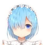  blue_eyes blue_hair blush commentary hair_ornament hair_over_one_eye hair_ribbon looking_at_viewer maid maid_headdress pink_ribbon portrait re:zero_kara_hajimeru_isekai_seikatsu rem_(re:zero) ribbon short_hair simple_background solo sorahachi_(sora823) white_background x_hair_ornament 