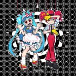  2girls :d ;d ahoge ankle_socks apron artist_name back_bow black_background black_choker black_eyes black_mouth black_shoes blue_dress blue_hair blue_hat blue_shirt blush bow buttons choker collared_shirt commentary crossed_legs double-breasted double-parted_bangs dress drill_hair english_commentary frilled_apron frills full_body grey_socks grin hair_between_eyes hands_up hat hatsune_miku kasane_teto knees_together_feet_apart long_hair mesmerizer_(vocaloid) multiple_girls nervous_smile no_sclera one_eye_closed open_mouth outline pants petticoat pinstripe_dress pinstripe_pattern puffy_short_sleeves puffy_sleeves puppet_strings red_bow red_eyes red_hair red_hat red_pants red_shoes roller_skates shako_cap sharp_teeth shirt shoes short_hair short_sleeves simple_background sintastein skates smile smiley_hat_ornament socks sparkle standing striped_clothes striped_shirt suspenders sweat teeth tongue tongue_out twin_drills twintails two-tone_background two-tone_bow two-tone_shirt utau vertical-striped_clothes vertical-striped_shirt very_long_hair visor_cap vocaloid waist_apron white_apron white_background white_bow white_outline white_shirt white_socks wristband 