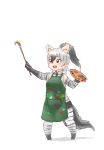  1girl :d aardwolf_(kemono_friends) aardwolf_ears aardwolf_tail animal_ear_fluff apron black_hair black_neckwear commentary_request elbow_gloves eyebrows_visible_through_hair gloves green_apron hair_between_eyes highres kemono_friends long_hair looking_away multicolored_hair necktie okome_kogashi open_mouth outstretched_arm paint_splatter paintbrush palette ponytail simple_background smile solo two-tone_hair white_background white_hair 
