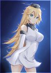  alternate_costume arms_behind_back beetarp blonde_hair blue_eyes breasts casual dress elbow_gloves gloves headgear highres iowa_(kantai_collection) kantai_collection large_breasts long_hair smile solo star star-shaped_pupils symbol-shaped_pupils white_dress 