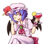  ;d ascot blue_hair blush brooch chin_rest cocktail_glass commentary cup dress drinking_glass fang flower food frilled_shirt_collar frills fruit hat hat_flower hat_ribbon hibiscus holding holding_cup jewelry lemon lemon_slice looking_away mob_cap one_eye_closed open_mouth pink_dress puffy_short_sleeves puffy_sleeves red_eyes red_ribbon remilia_scarlet ribbon sash short_hair short_sleeves smile solo touhou white_background wool_(miwol) wrist_cuffs 