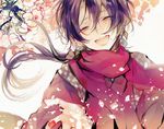  earrings japanese_clothes jewelry kashuu_kiyomitsu long_hair male_focus mole mole_under_mouth open_mouth poni_(rito) ponytail purple_hair red_eyes red_scarf scarf smile solo touken_ranbu 