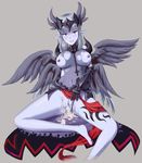  after_sex barefoot black_wings blue_skin blush breasts chain cross cum cum_in_pussy cumdrip dark_valkyrie_(monster_girl_encyclopedia) feathered_wings feathers gauntlets grey_background hair_feathers highres jewelry large_breasts loincloth long_hair minase_(takaoka_nanase) monster_girl monster_girl_encyclopedia multiple_wings necklace nipples pointy_ears purple_eyes pussy silver_hair simple_background smile solo spread_legs sweat tattoo tiara uncensored wings 