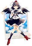  artist_name azuma_aya bird_wings black_skirt blouse blue_sky bow brown_hair camera cloud commentary geta hat holding holding_camera knees_together_feet_apart legs_apart looking_at_viewer open_mouth pointy_ears polaroid puffy_short_sleeves puffy_sleeves red_eyes revision round_teeth shameimaru_aya short_hair short_sleeves sketch skirt sky smile solo strap tape teeth tengu-geta tokin_hat touhou white_blouse wings wrist_cuffs 
