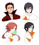  4boys black_hair blowing_bubbles blue_eyes brown_eyes brown_hair chewing_gum glasses han_wenqing imabboy jacket lin_jingyan long_hair looking_at_viewer low_ponytail male_focus multiple_boys ponytail quanzhi_gaoshou red_eyes red_hair simple_background upper_body white_background zhang_jiale zhang_xinjie 
