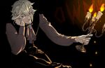  1boy ascot black_background black_vest blue_eyes candle candlestand fire grey_hair hair_between_eyes hand_on_own_cheek hand_on_own_face head_rest holding holding_candle_stand imabboy long_sleeves looking_at_viewer male_focus original pants shirt sitting smile solo vest 