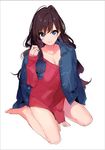  arm_support barefoot blue_eyes blush breasts brown_hair cleavage full_body homua ichinose_shiki idolmaster idolmaster_cinderella_girls jacket_on_shoulders long_hair looking_at_viewer medium_breasts off_shoulder simple_background sitting smile solo sweater wariza white_background 