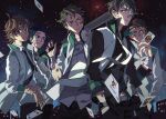  5boys bandage_on_face bandages bandaid bandaid_on_face black_hair brown_hair card eyepatch gao_yingjie green_eyes green_hair headphones headphones_around_neck imabboy jacket liu_xiaobie male_focus multiple_boys necktie night night_sky playing_card quanzhi_gaoshou sky smile star_(sky) starry_sky wang_jiexi watch xu_bin yuan_baiqing 