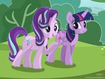  2016 bush cutie_mark duo equine feathered_wings feathers female feral friendship_is_magic fur grass hair hi_res horn mammal multicolored_hair my_little_pony outside pink_fur purple_eyes purple_feathers purple_fur shutterflyeqd sky smile starlight_glimmer_(mlp) tree twilight_sparkle_(mlp) unicorn winged_unicorn wings 