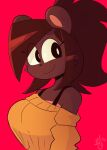 2024 absurd_res anthro breasts brown_body brown_ears brown_fur brown_hair bust_portrait buxy circle_eyebrows clothed clothed_anthro clothed_female clothing digital_drawing_(artwork) digital_media_(artwork) eye_through_hair eyebrow_through_hair eyebrows female female_anthro front_view fur hair hi_res izzy_(buxy) mammal mouth_closed ponytail portrait rodent round_ears sciurid simple_background smile solo topwear translucent translucent_hair tree_squirrel yellow_clothing yellow_topwear
