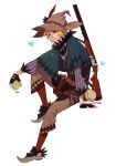  1boy apple belt blonde_hair blue_eyes bug butterfly fingerless_gloves food fruit full_body gloves gun hat holding holding_food holding_fruit imabboy male_focus original pouch rifle scarf shoes simple_background sitting smile solo weapon white_background witch_hat 