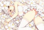  ass blush breasts closed_mouth dress expressionless flower from_above hair_flower hair_ornament large_breasts long_hair looking_at_viewer lying on_side original panties pantyshot pantyshot_(lying) samegami short_dress silver_hair solo thighhighs underwear white white_dress white_hair white_legwear white_panties yellow_eyes 
