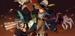  2boys antique_firearm belt blonde_hair brown_hair cape claws dual_wielding fire gloves gun handgun hat holding holding_gun holding_weapon imabboy male_focus multiple_boys original purple_eyes red_eyes revolver short_hair weapon 