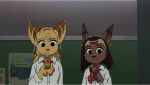2025 angela_cross anthro brown_body brown_fur cazar_(ratchet_and_clank) cellphone circlet clothing dandadan drinking drinking_straw duo ear_piercing electronics eyebrows eyelashes female fur hair hi_res juice_box lombax mammal phone piercing ratchet_and_clank sasha_phyronix school_uniform shirt smartphone smile sony_corporation sony_interactive_entertainment stripes time_fluffy500 topwear uniform yellow_body yellow_fur