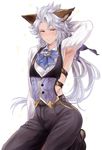  animal_ears arm_up armpits blush brown_eyes erune granblue_fantasy hand_behind_head highres kurayami_butter long_hair long_ponytail looking_to_the_side male_focus ponytail seiza seruel simple_background sitting solo sparkle white_background 