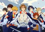  6+boys bandage_on_face bandages bandaid bandaid_on_face baseball_bat belt black_hair blonde_hair blue_eyes blue_hair brown_hair cloud crossed_arms day glasses green_eyes hand_on_own_hip holding holding_baseball_bat hood huang_shaotian imabboy jacket jewelry li_yuan looking_at_viewer lu_hanwen male_focus multiple_boys open_clothes open_jacket over_shoulder pants purple_eyes quanzhi_gaoshou school_uniform shirt sky smile song_xiao weapon xu_jingxi yellow_eyes yu_wenzhou zheng_xuan 
