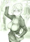  ass bag between_breasts breasts commentary commentary_request elf glasses ground_vehicle hair_up handbag jacket large_breasts monochrome original pencil_skirt pointy_ears ribbed_sweater skirt smile solo strap_cleavage sweater train_interior turtleneck turtleneck_sweater ueyama_michirou 