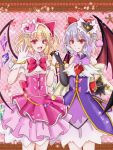  2girls alternate_costume alternate_headwear bat_wings black_gloves black_hat blonde_hair bow bowtie closed_mouth commentary_request cosplay crystal crystal_wings cure_magical cure_magical_(cosplay) cure_miracle cure_miracle_(cosplay) dress elbow_gloves fang fang_out flandre_scarlet gloves hair_bow hat hat_ornament heart heart_hat_ornament holding_hands interlocked_fingers long_hair looking_at_viewer mahou_girls_precure! mini_hat mini_witch_hat mito_(fate) multiple_girls one_side_up open_mouth pink_bow pink_bowtie pink_dress pink_hat precure purple_dress red_bow red_eyes remilia_scarlet siblings sisters smile star_(symbol) star_hat_ornament touhou white_gloves wings witch_hat 