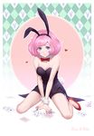  animal_ears argyle argyle_background bad_id bad_pixiv_id black_shorts blue_eyes breasts bunny_ears bunnysuit card cleavage collarbone dine&amp;rita fake_animal_ears fingernails heart kneeling kofuku looking_at_viewer medium_breasts nail_polish noragami pink_hair short_hair shorts smile solo strapless wrist_cuffs 