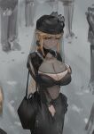  1girl absurdres bag black_dress blonde_hair breasts center_opening cleavage collarbone d301217 dress funeral_dress hand_on_own_chest handbag highres large_breasts long_hair long_sleeves ponytail rain shokuhou_misaki star-shaped_pupils star_(symbol) symbol-shaped_pupils toaru_majutsu_no_index toaru_majutsu_no_index:_genesis_testament veil yellow_eyes 