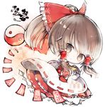  brown_eyes brown_hair character_name chibi closed_mouth expressionless hair_tubes hakurei_reimu kotatu_(akaki01aoki00) looking_at_viewer nontraditional_miko ponytail solo talisman touhou yin_yang_orb 