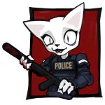 2023 4_fingers 4chan_anon anthro armor baton big_eyes big_head black_armor black_clothing black_nose black_topwear black_vest blood blood_on_hand blood_on_weapon bodily_fluids border bulletproof_vest cel_shading claws clothed clothing digital_media_(artwork) domestic_cat eloisa english_text eye_bags eyelashes felid feline felis female finger_claws fingers flat_chested front_view fur half-length_portrait hi_res holding_baton holding_melee_weapon holding_object holding_weapon looking_at_viewer mammal melee_weapon open_mouth pointy_ears police portrait prick_ears pupils shaded slit_pupils solo teeth text text_on_clothing text_on_topwear toony topwear vest weapon white_body white_border white_fur