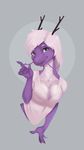  2016 anthro antlers breasts cleavage clothed clothing dragon eastern_dragon female hair heart_a._chicago horn looking_at_viewer minibabylizard non-mammal_breasts purple_skin simple_background smile solo two_tone whiskers white_hair white_skin 