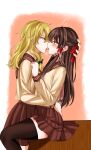  2girls alternate_costume black_thighhighs blonde_hair blush bow braid brown_hair brown_sailor_collar brown_skirt commentary_request eye_contact frilled_hair_tubes frills green_bow hair_bow hair_tubes hakurei_reimu hand_on_another&#039;s_head hand_on_another&#039;s_waist highres kirisame_marisa kiss long_hair long_sleeves looking_at_another mito_(fate) multiple_girls no_hair_bow no_headwear pleated_skirt red_eyes sailor_collar sailor_shirt saliva school_uniform shirt side_braid single_braid sitting skirt sweatdrop thighhighs tongue tongue_out touhou very_long_hair yellow_eyes yellow_shirt yuri 