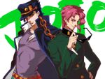  2boys black_hair blue_hair chain earrings gakuran green_eyes hat holding holding_removed_eyewear imabboy jewelry jojo_no_kimyou_na_bouken kakyoin_noriaki kujo_jotaro long_coat male_focus multiple_boys pink_hair red_eyes red_hair school_uniform sunglasses unworn_eyewear 