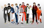 6+boys bag black_hair blonde_hair blue_eyes brown_eyes brown_hair glasses green_eyes han_wenqing highres huang_shaotian imabboy jacket jiang_botao lineup long_hair looking_at_viewer male_focus multiple_boys orange_hair pants purple_hair quanzhi_gaoshou red_hair shoes short_hair smile sneakers sportswear track_jacket track_suit wang_jiexi ye_xiu yu_wenzhou zhang_xinjie zhou_zekai 