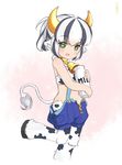  :d alternate_breast_size animal_ears animal_print baigao bare_shoulders bell bell_collar black_hair bottle child collar cow_bell cow_ears cow_girl cow_horns cow_print cow_tail crop_top flat_chest full_body fur green_eyes heart heart-shaped_pupils holstaurus hooves horns leg_up looking_at_viewer midriff milk_bottle monster_girl monster_girl_encyclopedia multicolored_hair navel object_hug open_mouth ponytail short_hair short_ponytail shorts smile solo standing standing_on_one_leg stomach streaked_hair suspenders symbol-shaped_pupils tail tail_raised tank_top two-tone_hair unzipped white_hair younger zipper 