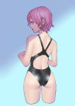  1girl ass back back_cutout black_swimsuit competition_swimsuit cowboy_shot from_behind hands_up looking_at_viewer looking_back one-piece_swimsuit original parted_lips peco_(pockleberry) profile purple_eyes purple_hair shade shiny shiny_clothes short_hair solo standing swimsuit 