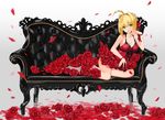  :d ahoge arm_support bare_arms bare_shoulders blonde_hair bow breasts cleavage collarbone couch dress fate/extra fate_(series) flower green_eyes grey_legwear hair_bow hair_intakes head_tilt highres looking_at_viewer luicent medium_breasts modern_costume_of_crimson nero_claudius_(fate) nero_claudius_(fate)_(all) on_couch open_mouth petals red_bow red_dress red_flower red_rose rose rose_petals round_teeth short_hair sitting sleeveless sleeveless_dress smile socks solo teeth thighs wristband yokozuwari 