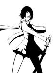  blending dogs:_bullets_&amp;_carnage drawing_sword fuyumine_naoto glint greyscale hair_between_eyes high_contrast katana looking_at_viewer monochrome sate scarf sheath short_hair simple_background skirt solo sword unsheathing weapon white_background 