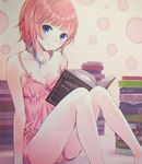  atelier_(series) atelier_rorona bare_shoulders blue_eyes blush book breasts cleavage highres holding kishida_mel looking_at_viewer pink_background pink_hair rororina_fryxell simple_background sitting small_breasts smile solo 