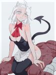  1boy 1girl absurdres apron ascot bare_shoulders black_leotard black_thighhighs closed_mouth commentary_request covered_navel demon_horns demon_tail detached_collar feet_out_of_frame frilled_apron frills grey_background grey_eyes helltaker highres horns justice_(helltaker) leotard muscular muscular_male noah_(tettsui-sole) red_ascot reverse_cowgirl_position sex short_hair smile straddling subject_67_(helltaker) tail thighhighs waist_apron watermark white_apron white_hair 