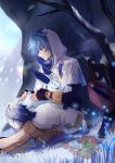  1boy ahoge artist_name bag bandaged_ear bandages black_gloves black_shoes blue_eyes blue_hair bracelet brown_bag cave chongyun_(genshin_impact) colored_eyelashes commentary day elbow_gloves english_commentary fingerless_gloves fox genshin_impact gloves gold_trim grass hair_between_eyes hair_intakes hood hood_up hoodie jewelry male_focus mikanchii on_ground open_mouth outdoors pants paper plant satchel shoes short_hair short_sleeves sitting snow snow_fox_(genshin_impact) snowing solo tassel tree vision_(genshin_impact) white_hoodie white_pants 
