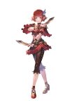 1girl absurdres artist_request belt black_bridal_gauntlets black_choker black_pants blue_eyes bracelet breasts bridal_gauntlets capri_pants choker choppy_bangs cleavage closed_mouth collarbone crossed_legs dagger dancer dancer_(final_fantasy) dual_wielding feather_hair_ornament feathers final_fantasy final_fantasy_xi full_body gold_bracelet granblue_fantasy green_belt hair_ornament heart high_heels highres holding holding_dagger holding_knife holding_weapon jewelry knife lilisette medium_breasts midriff official_art pants pointy_ears red_hair red_shoes second-party_source shoes short_hair smile solo transparent_background watson_cross weapon 