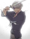  bandage_over_one_eye bandaged_head bandages cowboy_shot danganronpa danganronpa_3 gradient gradient_background katana looking_at_viewer male_focus munakata_kyousuke parted_lips shirt silver_eyes silver_hair simple_background solo spoilers sword tane9 torn_clothes untucked_shirt weapon 