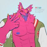 1:1 2024 abs alebrije andy_fangerson animate_inanimate anthro artist_name axiang_cai blue_nipples blue_tongue bluesky_handle canid canine canis claws clothed clothing epic_games finger_claws fortnite fur hi_res jacket letterman_jacket living_pinata looking_at_viewer male mammal muscular muscular_anthro muscular_male navel nipples open_clothing open_jacket open_mouth open_topwear pecs pinata pink_body pink_fur red_sclera ruff signature simple_background solo teeth text tongue tongue_out topwear twitter_handle wolf yellow_eyes