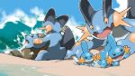  :&gt; animal_focus beach blacknirrow closed_mouth highres mudkip no_humans open_mouth outline pokemon pokemon_(creature) pokemon_focus sand smile swampert water waves white_outline 