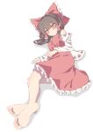  1girl absurdres barefoot blush bow brown_eyes brown_hair commentary_request detached_sleeves frilled_bow frilled_hair_tubes frills hair_bow hair_tubes hakurei_reimu highres long_hair looking_at_viewer lying on_side red_bow red_skirt ribbon-trimmed_sleeves ribbon_trim seika_okawari simple_background skirt skirt_set soles solo toes touhou white_background 