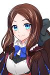  1girl black_bow blue_bow blue_bowtie blue_eyes bow bowtie brown_hair commentary_request curly_sidelocks fate/grand_order fate_(series) leonardo_da_vinci_(fate) leonardo_da_vinci_(rider)_(fate) leonardo_da_vinci_(rider)_(first_ascension)_(fate) smile solo torinonest upper_body 