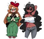  2girls bag beret blonde_hair crop_top dark_skin dress glasses hat multiple_girls murgoten navel open_pants original panties pants ribbed_dress smile underwear wavy_hair white_panties 