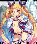  :3 arm_belt bare_shoulders blazblue blonde_hair blush breasts cameltoe center_opening collar cosplay detached_collar detached_sleeves dizzy dizzy_(cosplay) gii guilty_gear hair_ribbon long_hair looking_at_viewer nago navel open_mouth puffy_sleeves rachel_alucard red_eyes revealing_clothes ribbon shiny shiny_skin small_breasts solo standing sweatdrop thigh_strap toraishi_666 twintails underboob wings 